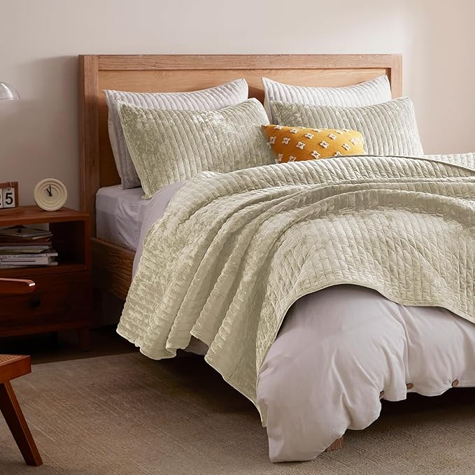 LEAONME Oversized King Quilt 120''x120'', Lightweight Beige Velvet Comforter Set with 2 Matching Shams, Soft Cross Stitch Bedspread Coverlet, Oversized King Bedding Set for All Season