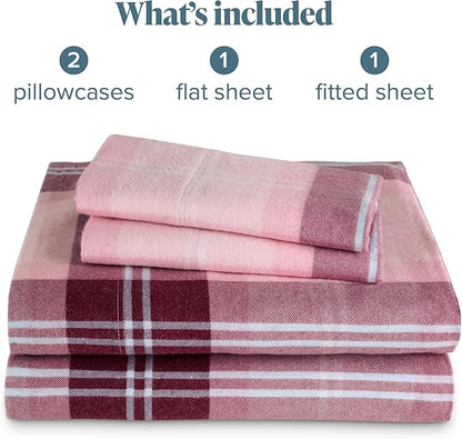 Bare Home Flannel Sheet Set Prints, 100% Cotton, Velvety Soft Heavyweight - Double Brushed Flannel for Extra Softness & Comfort - Deep Pocket - Bed Sheets (King, Symphony Plaid - Pink)