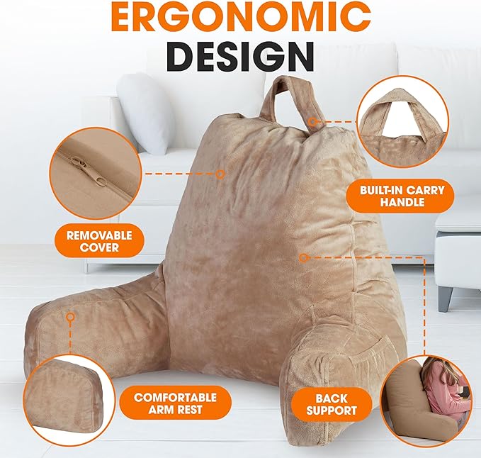 Cheer Collection Reading Pillow with Arms – Portable Bed Pillow for Sitting Up & Support, Foam-Filled Back Rest Pillow for Sitting in Bed & Couch, Machine Washable Taupe (Small)