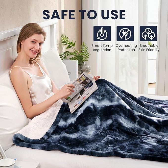 Electric Heated Throw Blanket 62"x84",Luxury Blue Twin Faux Rabbit Fur Electric Blanket,Fast Heating Soft Fluffy Thick Electric Blanket with 6 Heating Levels & 12H Auto Off