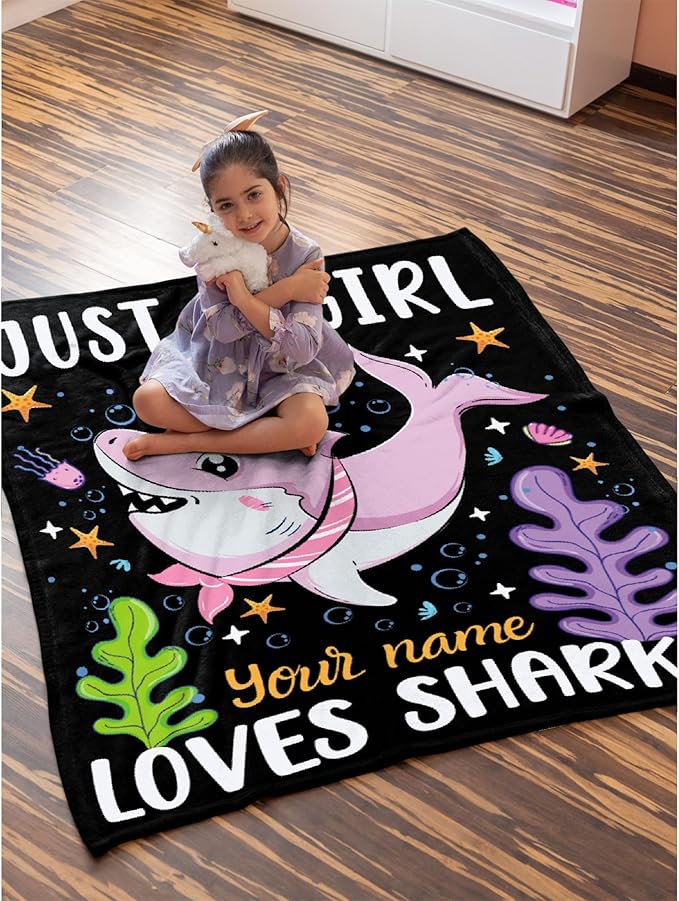 Custom Just A Girl Who Loves Sharks Blankets Gifts for Kids Adult On Bed Sofa,Personalized Premium Flannel Blankets for Birthday Christmas Thanksgiving All Season Use 40''x 50'' -S