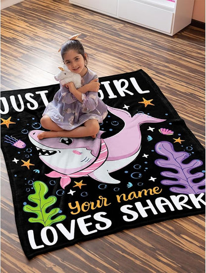 Custom Just A Girl Who Loves Sharks Blankets Gifts for Kids Adult On Bed Sofa,Personalized Premium Flannel Blankets for Birthday Christmas Thanksgiving All Season Use 40''x 50'' -S
