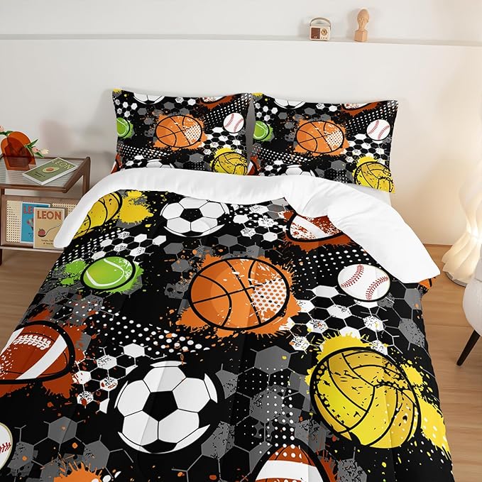 Kids Sports Balls Bedding Queen Comforter Set for Boys,Tie-Dyed Football Basketball Baseball Print Comforter Set for Kids Bedroom Decor,Sports Themed Bedding Comforter Set with 2 Pillowcases.