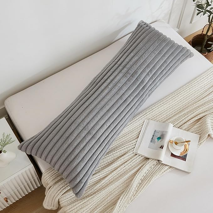 Full Body Pillow with Fluffy Stripe Faux Fur Removable Cover, Long Bed Pillow Adult 20x54 Inches for Side Sleeper and Pregnancy, Gray.