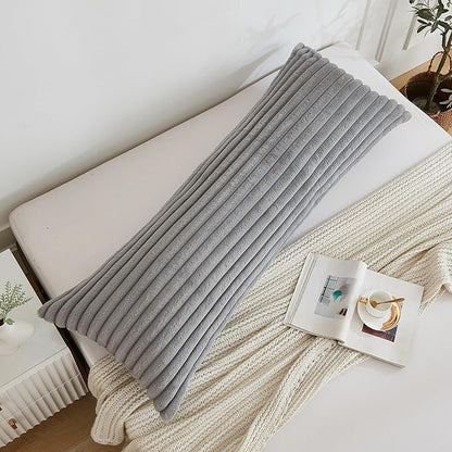Full Body Pillow with Fluffy Stripe Faux Fur Removable Cover, Long Bed Pillow Adult 20x54 Inches for Side Sleeper and Pregnancy, Gray.