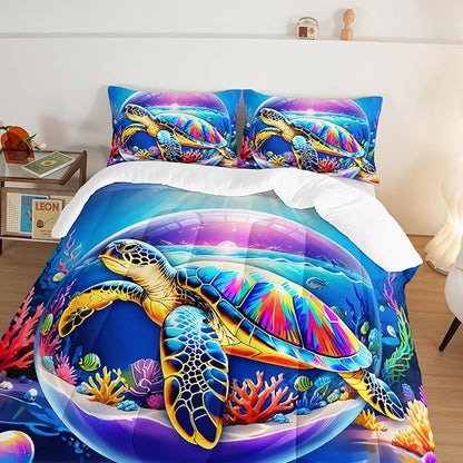 Sea Turtle Comforter Set King Size,Colorful Underwater World Toddler Bed Comforter Set,Coastal Bedding for Kids Boys Girls Room Decor,Sea Life Themed Comforter Sets 2 Pillowcases.