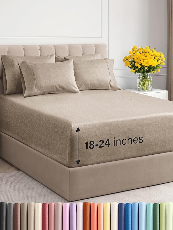Extra Deep King Sheet Set - 6 Piece Breathable and Cooling Sheets - Hotel Luxury Bed Sheets Set - Easy Fit - Soft, Wrinkle Free and Comfy Sheets Set - Heathered Beige Sheet Set with Extra Deep Pockets
