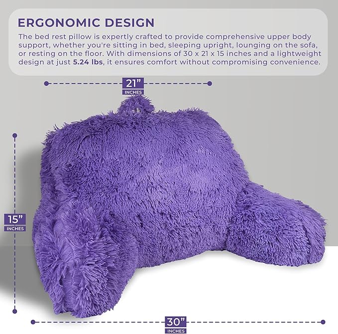 Klear Vu Shaggy Reading Pillow Back Rest Body Pillow for Adults and Kids, Lumbar and Arm Support on Bed, Chair, Couch, Sofa and Floor, 30" x 21", One Size, Purple Rain