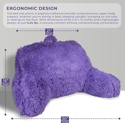 Klear Vu Shaggy Reading Pillow Back Rest Body Pillow for Adults and Kids, Lumbar and Arm Support on Bed, Chair, Couch, Sofa and Floor, 30" x 21", One Size, Purple Rain