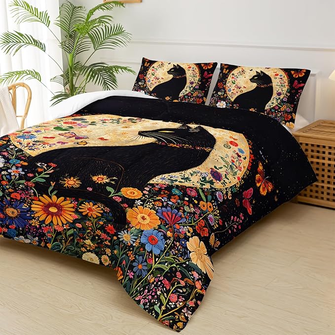 Black Cat Bedding Cartoon Cat Comforter Set Full，Floral Bedding Full Size Bed ，with 1 Comforter with 2 Pillow Case