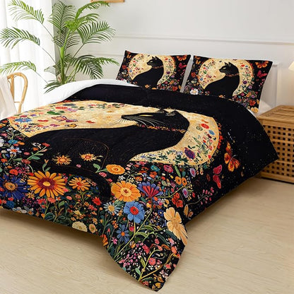 Black Cat Bedding Cartoon Cat Comforter Set Queen，Floral Bedding Queen Size Bed ，with 1 Comforter with 2 Pillow Case