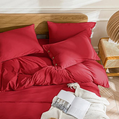 JELLYMONI Cotton Duvet Cover King Size - Crimson Red Comforter Cover with Button 100% Washed Cotton 3PCS Breathable Soft Solid Bedding Set Duvet Cover 104×90in & 2 Pillowcases (NO Comforter)