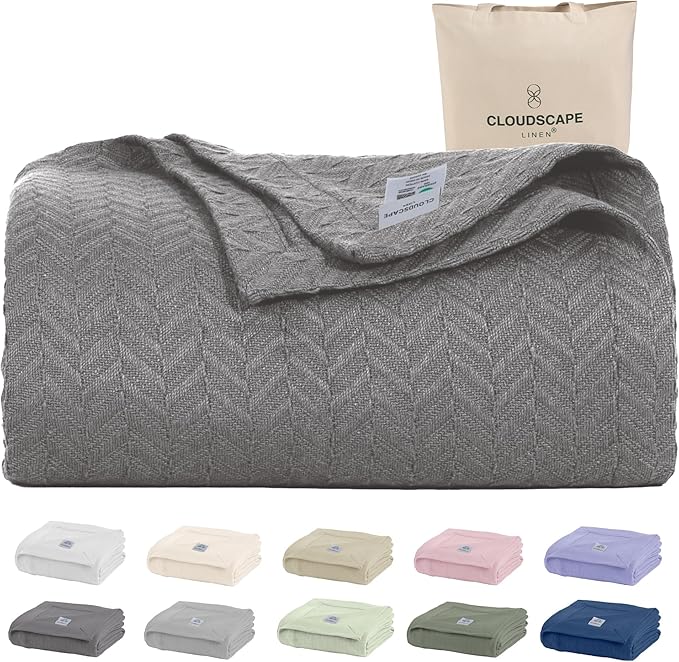 Cloud Scape Linen 100% Cotton Blanket King Size for Bed – Heavy & Soft, All Season, Winter Layering Blanket, Herringbone Weave, Best Gift for Christmas, fits Up to Cal King, 92x108, Dark Grey