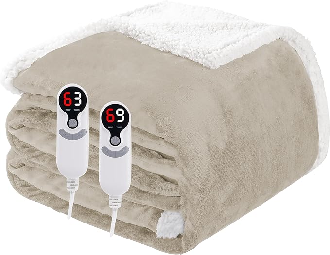 Electric Heated Blanket Queen Size 84"x90", Soft Flannel with Dual Controllers & Overheat Protection, 6 Adjustable Heat Settings & 10-Hour Auto-Off Timer, Fast Heating for Winter Comfort, Camel