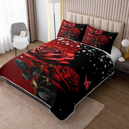 Red Floral King Quilted Sets,Romantic Red and Black Bedding Quilt Set,Rose Pattern Soft Lightweight Bedding All Season for with 2 Pillowcases.