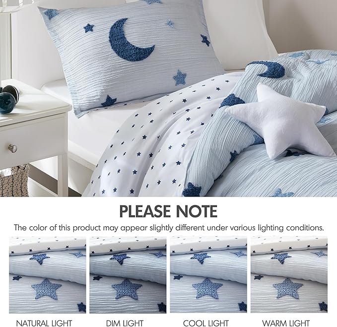 Intelligent Design Kids Cosmos Twin Size Comforter Set – Blue Star and Moon Tufted Chenille, Reversible 3-Piece Bedding with Star Pillow