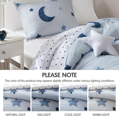 Intelligent Design Kids Cosmos Twin Size Comforter Set – Blue Star and Moon Tufted Chenille, Reversible 3-Piece Bedding with Star Pillow