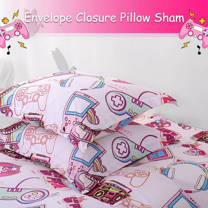 JSD Pink Gamer Kids Duvet Cover Set Full Size, 3 Piece Soft Printed Microfiber Comforter Cover with Pillow Sham Zipper Closure, Comforter Not Included