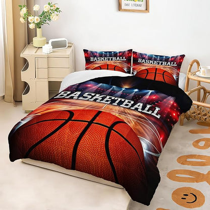 Sports Basketball Print Comforter 3Pcs Twin Ball Sport Gaming Basketball Court Bedding Set for Kid Teen Girl Boy Adult Basketball Sport Games Quilt Bed Decor with 1 Comforter and 2 Pillowcases