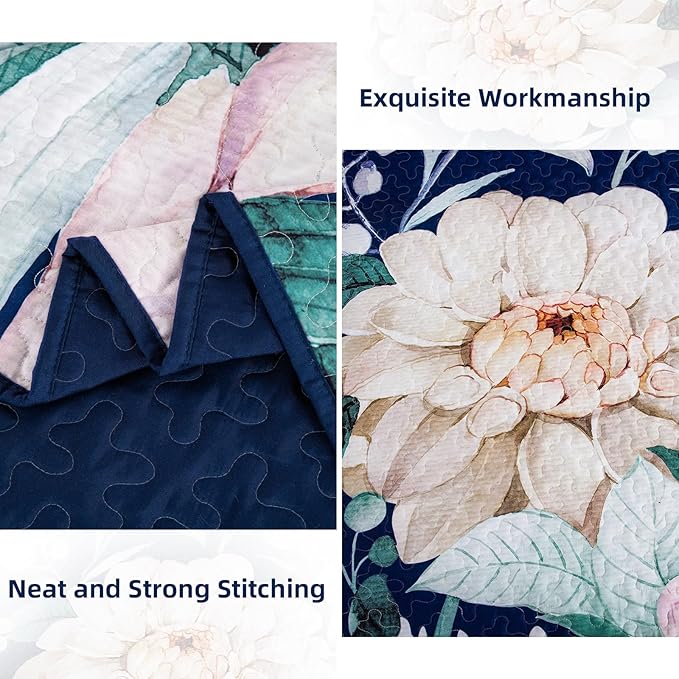Drucon Floral Quilt King Size - 3 Pieces Navy Blue Quilt Botanical Bedspread Soft Lightweight Flower Bedding Set for All Season (104"x90")