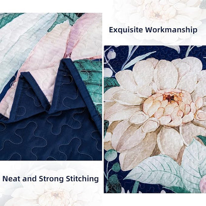 Drucon Floral Quilt King Size - 3 Pieces Navy Blue Quilt Botanical Bedspread Soft Lightweight Flower Bedding Set for All Season (104"x90")