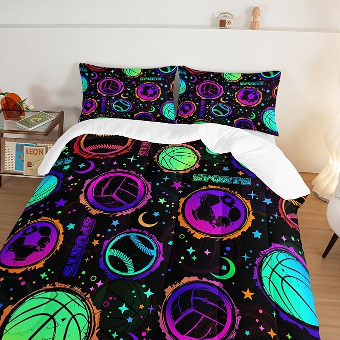 Ball Games Bedding Basketball Football Baseball King Comforter Set,Colorful Neon Stars and Moon Bedding Set for Kids Girls Boys Room Decor,Sports Aesthetic Bedding Sets with 2 Pillowcases.