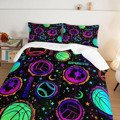 Ball Games Bedding Basketball Football Baseball Full Comforter Set,Colorful Neon Stars and Moon Bedding Set for Kids Girls Boys Room Decor,Sports Aesthetic Bedding Sets with 2 Pillowcases.