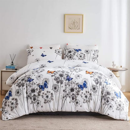 Reversible Twin Comforter Set with Sheets, 7 Pieces Twin Bed in a Bag with Comforter, Sheets and Pillowcases, Floral Butterfly Hearts Soft Microfiber Kids Twin Bedding Set, Grey and White