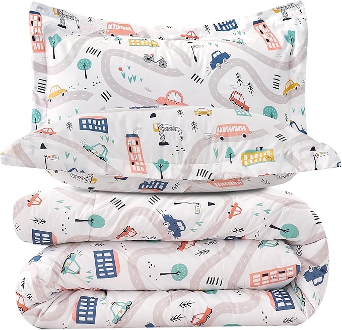 JSD Car Kids Comforter Set Queen Size, 3 Piece Microfiber Comforter with Pillow Sham, Machine Washable