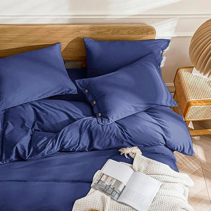 JELLYMONI Cotton Duvet Cover Full Size - Navy Blue Comforter Cover with Button 100% Washed Cotton 3PCS Breathable Soft Solid Bedding Set Duvet Cover 80×90in & 2 Pillowcases (NO Comforter)