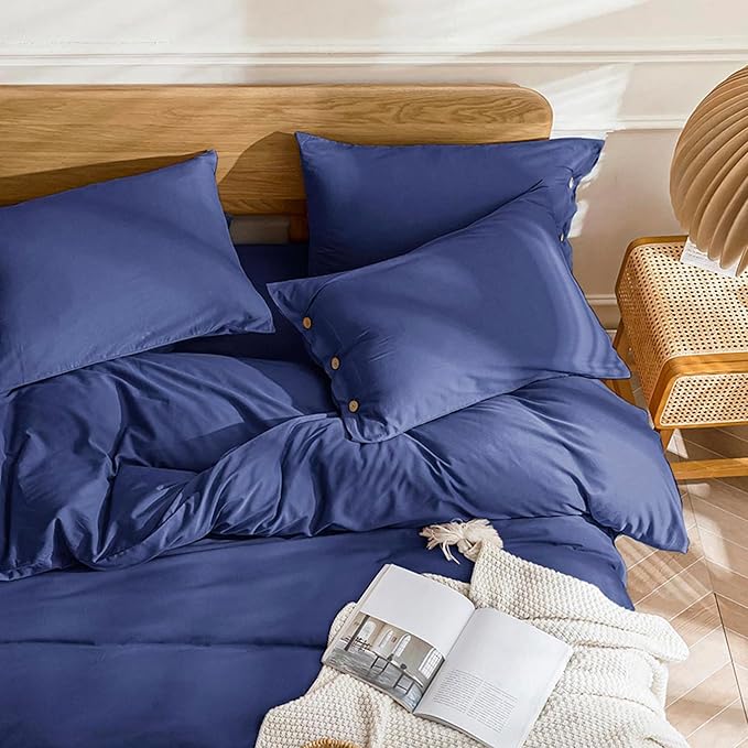 JELLYMONI Cotton Duvet Cover Twin Size - Navy Blue Comforter Cover with Button 100% Washed Cotton 2PCS Breathable Soft Solid Bedding Set Duvet Cover 68×90in & 1 Pillowcase (NO Comforter)
