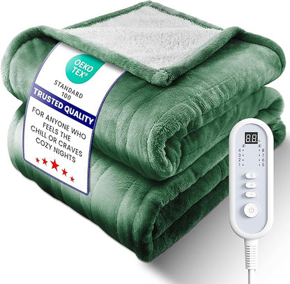 Electric Heated Blanket Throw, Ultra‑Cozy Premium Flannel & Sherpa, Even Heat Distribution & Stable Temp, 1–8H Auto‑Off, 8 Temps (86–125.6°F), Overheat Protection, Ideal Gifts for Grandma