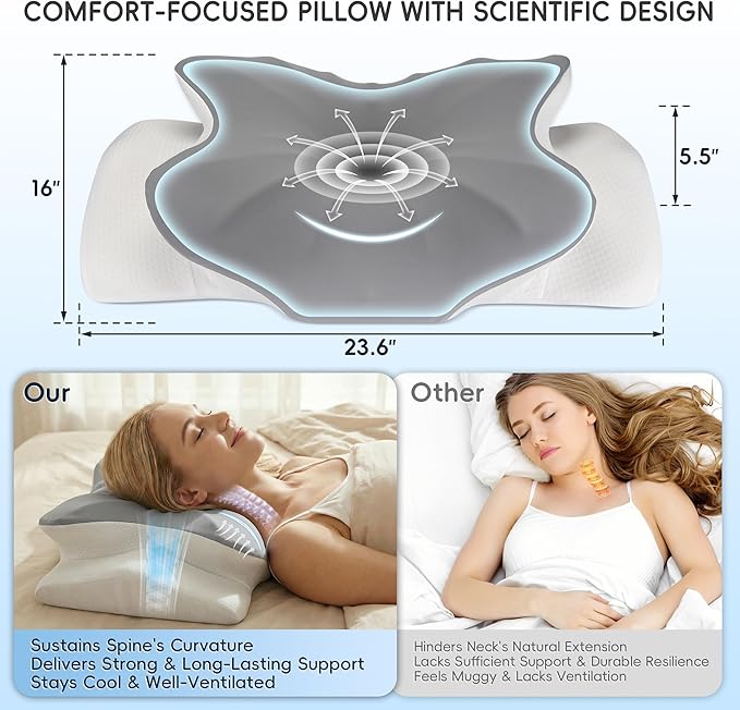 Cervical Neck Pillow, Ergonomic Side Sleeper Pillow for Pain Relief, Cooling Pillow for Sleeping, Neck and Shoulder, Contour Orthopedic Memory Foam Pillows for Back Stomach Sleepers Grey White