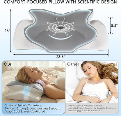 Cervical Neck Pillow, Ergonomic Side Sleeper Pillow for Pain Relief, Cooling Pillow for Sleeping, Neck and Shoulder, Contour Orthopedic Memory Foam Pillows for Back Stomach Sleepers Grey White