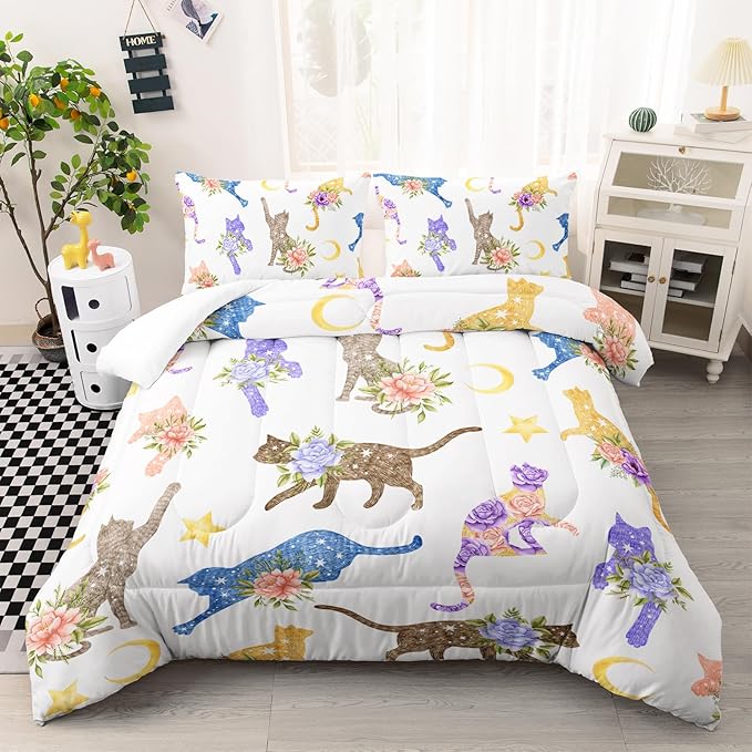 Cat Comforter Set Twin Size, Colorful Cat with Flowers Duvet Set, White Comforter with Moon and Star Pattern, Gift for Bedroom Decor