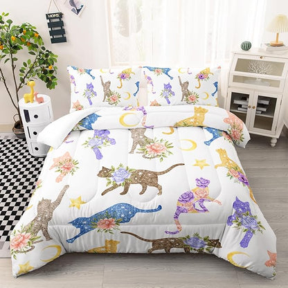 Cute Cat Comforter Set Full Size, Colorful Flower Cat with Flowers Duvet Set, White Comforter with Moon and Star Pattern, Kids Gift for Bedroom Decor