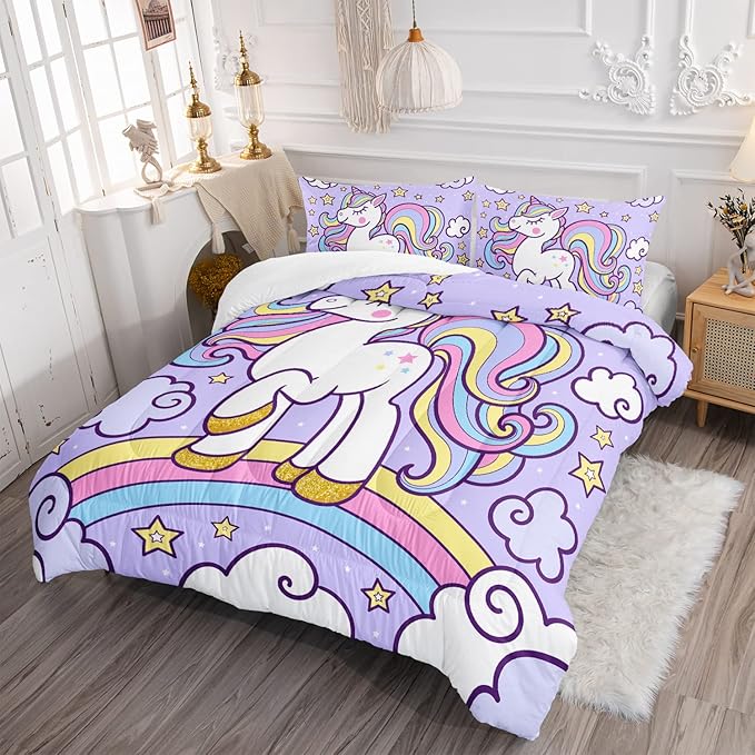Axolotl Rainbow Unicorn Bedding Set Queen,Purple Unicorn Kids Comforter Sets with Stars Cloud for Girls,1 Quilt with 2 Pillowcases for Girls Kids Teens Children Adults Bedroom Decor All Season