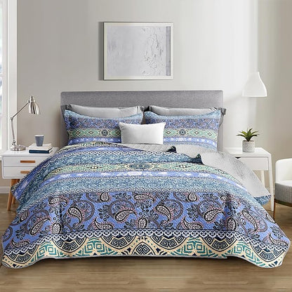 Blue Bohemian Quilt Set Full Size,Boho Striped Printed Bedding Bedding Set for Summer,Retro Soft Lightweight Microfiber Quilt with 2 Pillowcases.