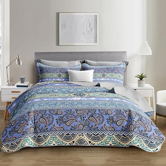Blue Bohemian Quilt Set Full Size,Boho Striped Printed Bedding Bedding Set for Summer,Retro Soft Lightweight Microfiber Quilt with 2 Pillowcases.