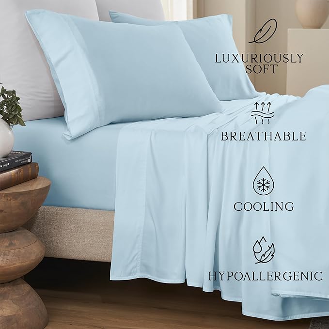 KARISSA MAE Cooling Bamboo Viscose Queen Sheet Set | 100% Organically Grown | 18” Deep Pocket | Silky, Soft, & Hypoallergenic | with Organizer Band & Elastic Corner Straps [Coastal Blue]