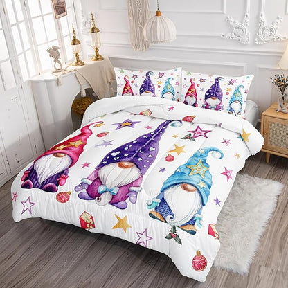 Christmas Kawaii Gnome Bedding Set for Kids Boys Girls, Rainbow Stars Pattern Xmas Santa Dwarf Comforter Set Queen Size, Colorful Quilt for Christmas Decorations
