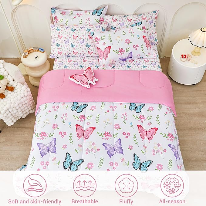 Mooreeke Full Size Comforter Sets for Girls Kids, 8 Pieces Bed in a Bag Flower Butterfly Bedding Comforter Sheet Set with Shams and Decorative Toy Pillow, Ultral Soft Microfiber Kids Bed Set