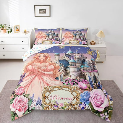 Pretty Princess Kids Comforter Set Toddler Size,Dreamy Castle Cartoon Fairy Tale Reversible Quilt Set for Boys Bedroom Decor,Colorful Floral Starry Galaxy Duvet Insert,1 Pillowcase