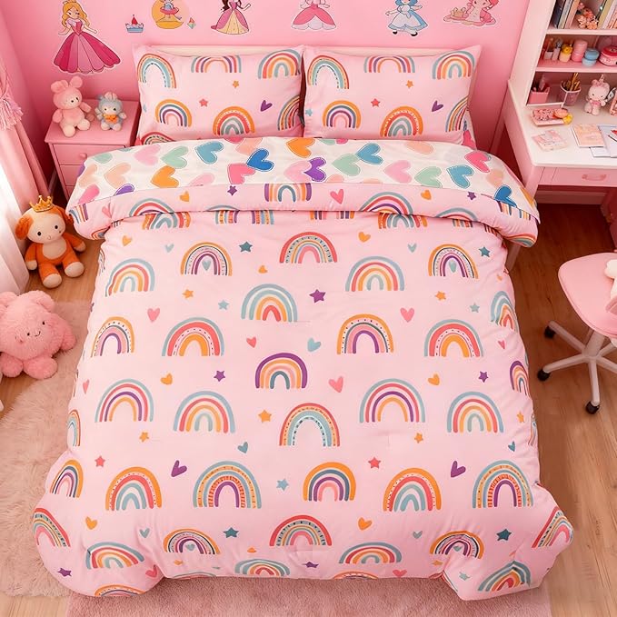 Holawakaka Boho Rainbow Twin Comforter Set with Sheets, 5-Piece Bohemian Love Heart Star Bedding Set for Girls & Women -Super Soft Microfiber Kids Teen-Girls Twin Size Blush Reversible Bed-in-a-Bag