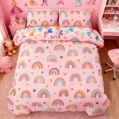 Holawakaka Boho Rainbow Twin Comforter Set with Sheets, 5-Piece Bohemian Love Heart Star Bedding Set for Girls & Women -Super Soft Microfiber Kids Teen-Girls Twin Size Blush Reversible Bed-in-a-Bag