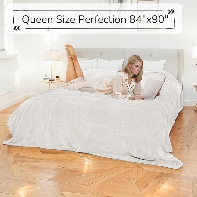 Electric Heated Blanket Queen Size 84"x90" - Dual-Sided with Microplush & Sherpa Fabric, 4 Heat Settings & 10 Hours Auto Off, Dual Controller, Machine Washable - White