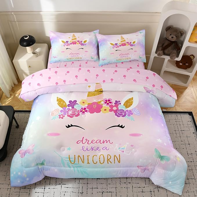 Bodhi Queen Size Comforter Sets for Girls,Kids Unicorn Queen Bedding Sets,Teens Butterfly Flower Unicorn Comforter Sets 5 Piece