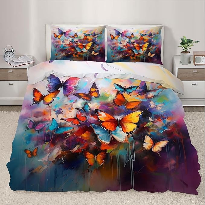 Colorful Butterfly Duvet Cover Twin Oil Painting Butterfly Bedding Set 2 Piece for Kids Decor Graffiti Art Comforter Cover and 1 Pillow Sham with Zipper Closure