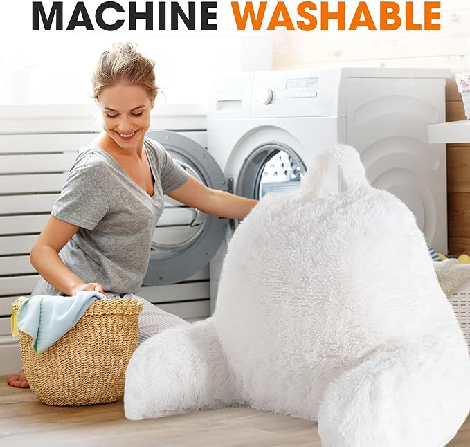 Cheer Collection Fluffy Reading Pillow Chair - Shaggy Hair Chair Pillow with Arms for Bed & Couch, White
