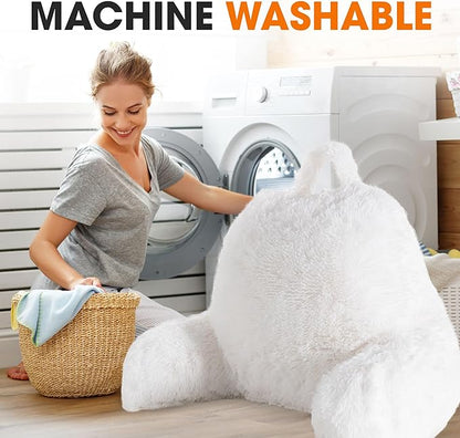 Cheer Collection Fluffy Reading Pillow Chair - Shaggy Hair Chair Pillow with Arms for Bed & Couch, White